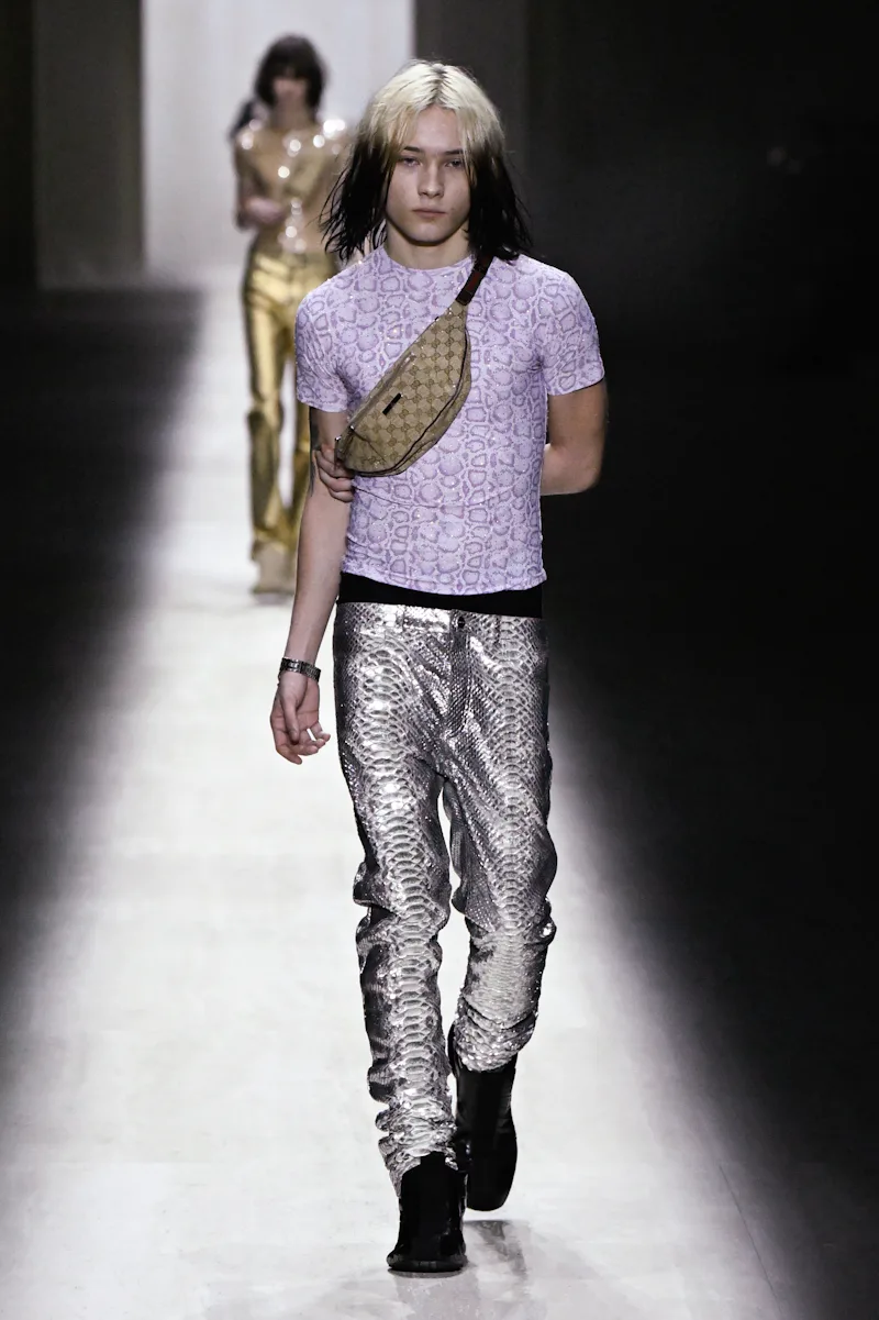 Model on the runway at the Gucci fashion show as part of Milan Fashion Week Fall 2026 held at the Pi...