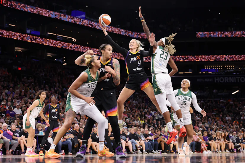 Sophie Cunningham #9 of the Phoenix Mercury attempts a shot.