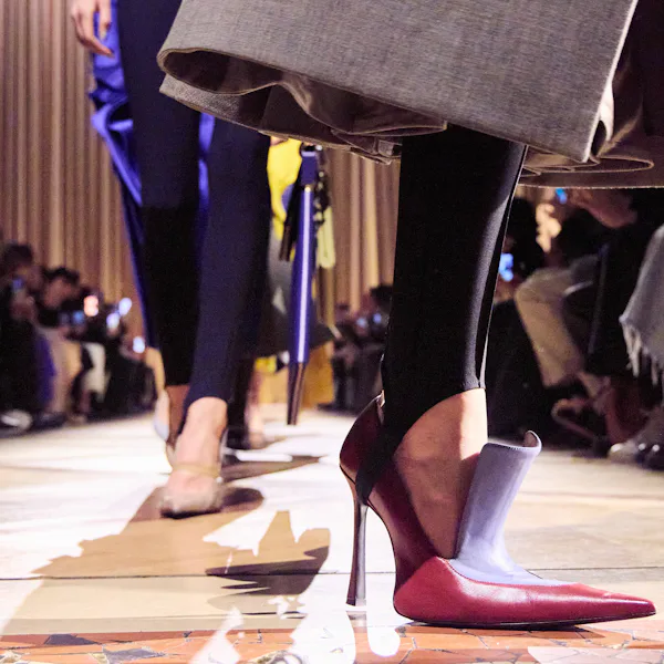 A model, shoe detail, walks the runway during the Mugler Womenswear Fall/Winter 2026