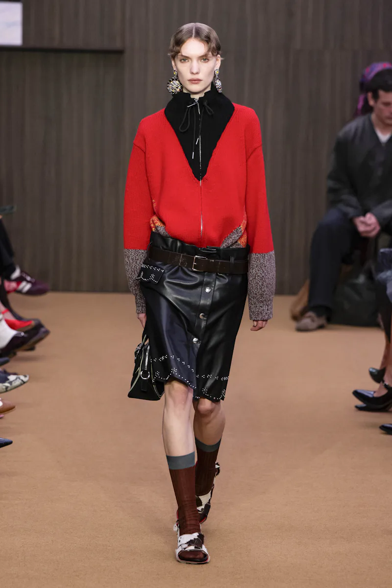 MILAN, ITALY - FEBRUARY 26: A model walks the runway at the Marni Ready to Wear Fall/Winter 2026/202...