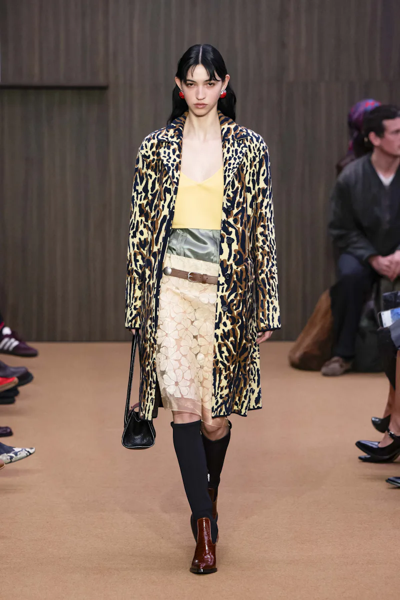 MILAN, ITALY - FEBRUARY 26: A model walks the runway at the Marni Ready to Wear Fall/Winter 2026/202...