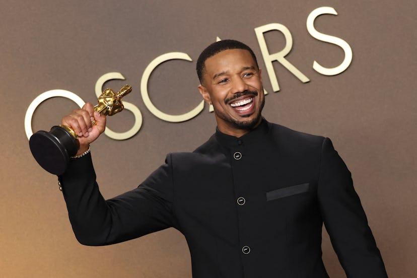 US actor Michael B. Jordan poses in the press room with the Oscar for Best Actor in a Leading Role f...