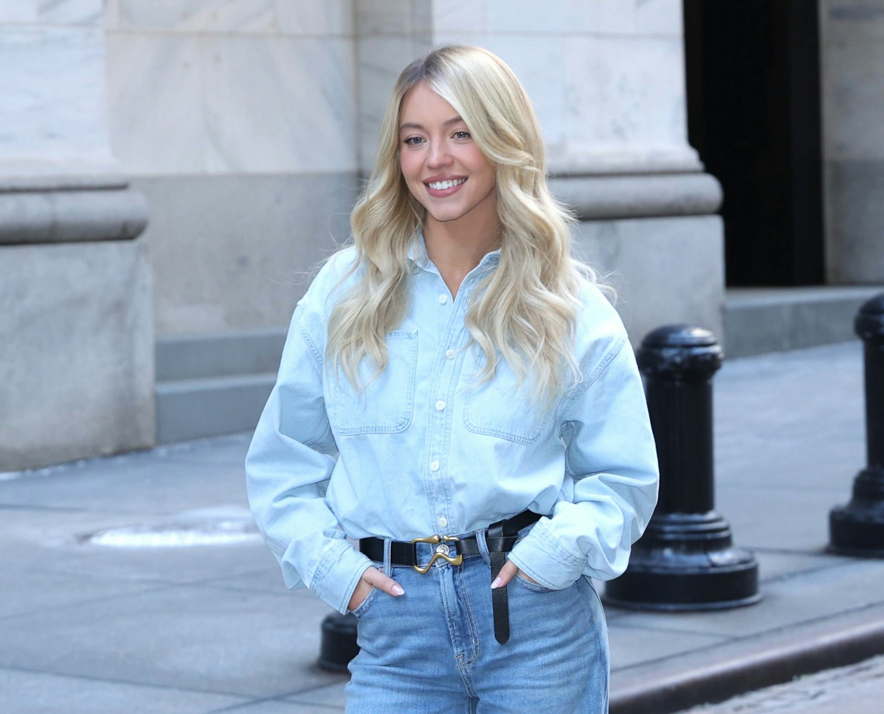 NEW YORK, NY - FEBRUARY 09: Sydney Sweeney is seen at the NYSE for American Eagle in Wall Street, Ma...