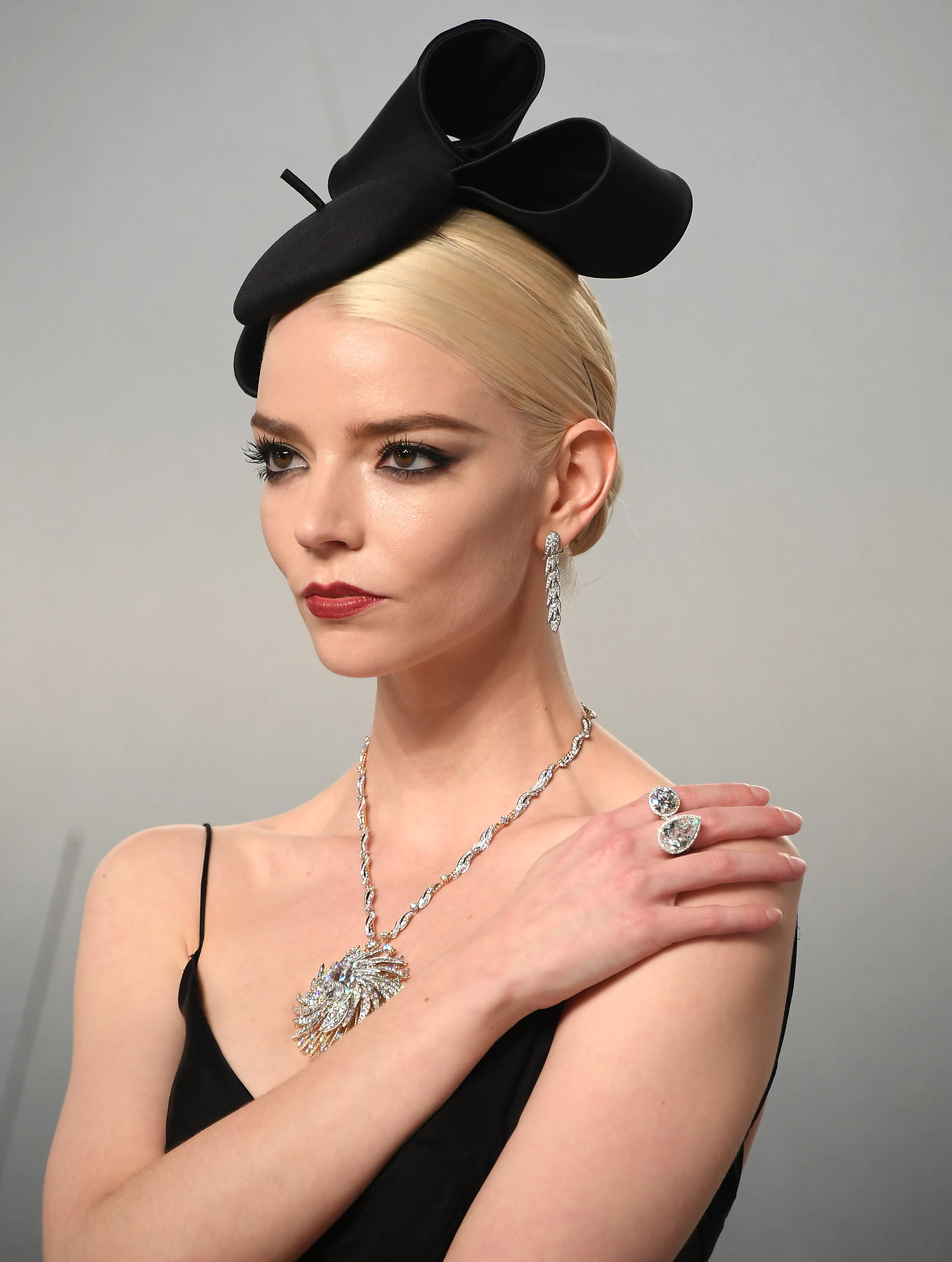 Anya Taylor-Joy attends the 2026 Vanity Fair Oscar Party with blonde hair tied back