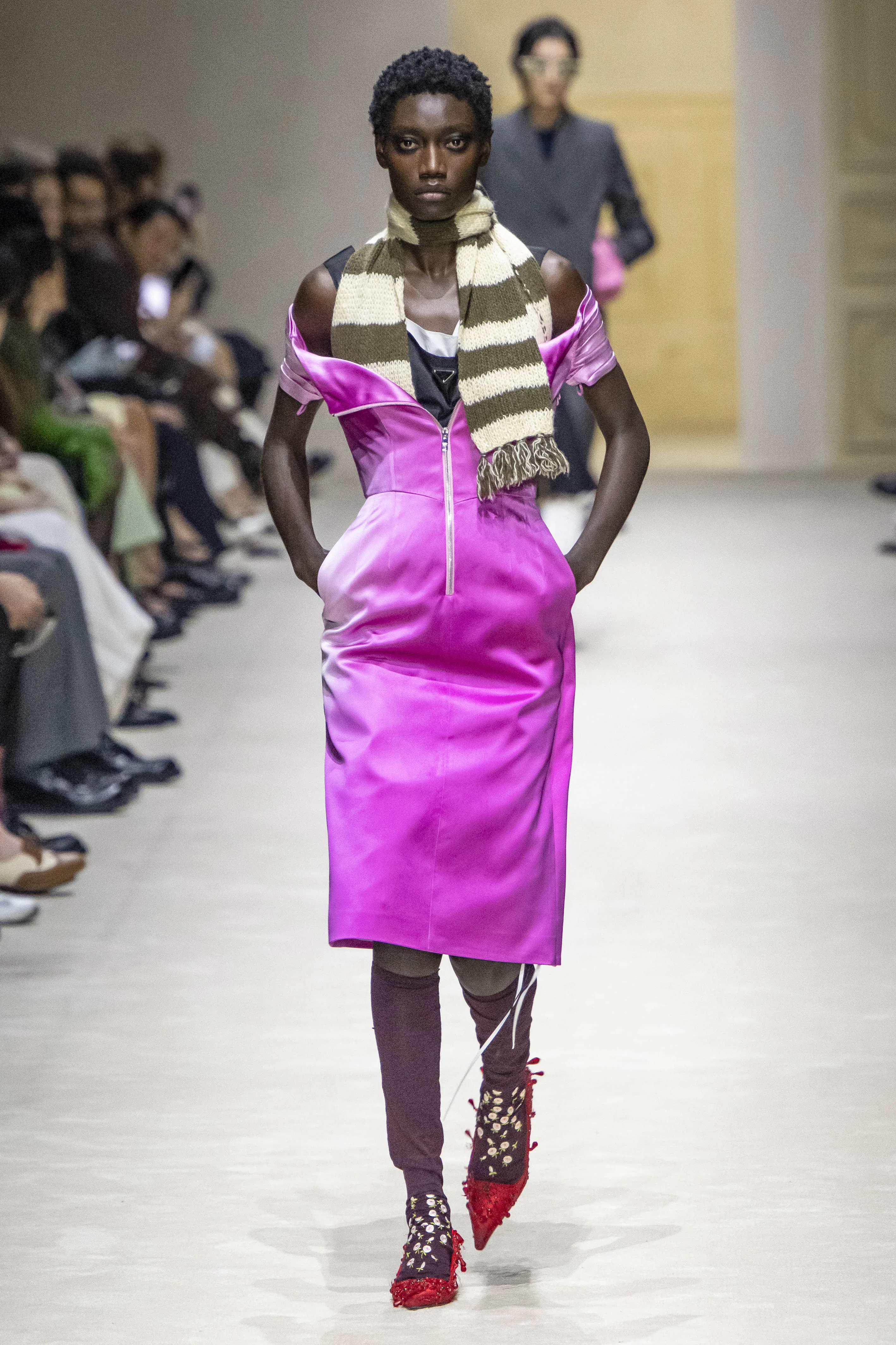 A model walks the runway at the Prada Ready to Wear Fall/Winter 2026