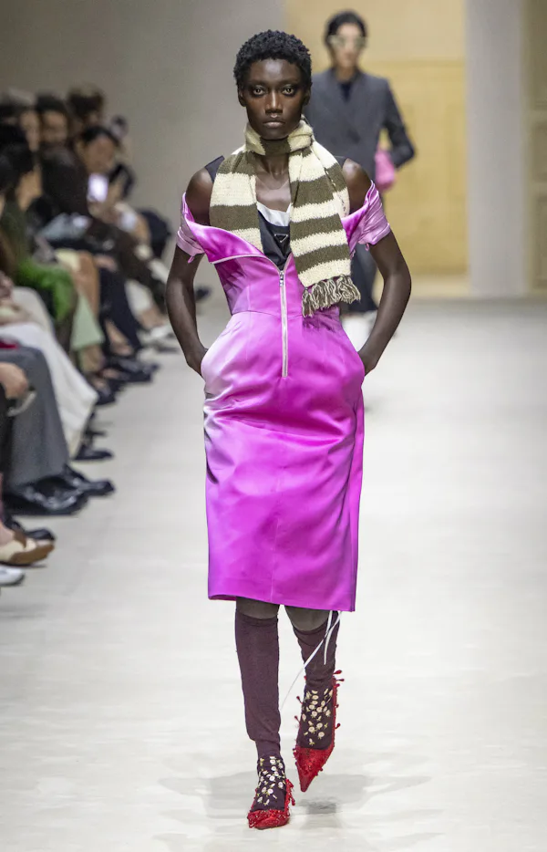 A model walks the runway at the Prada Ready to Wear Fall/Winter 2026