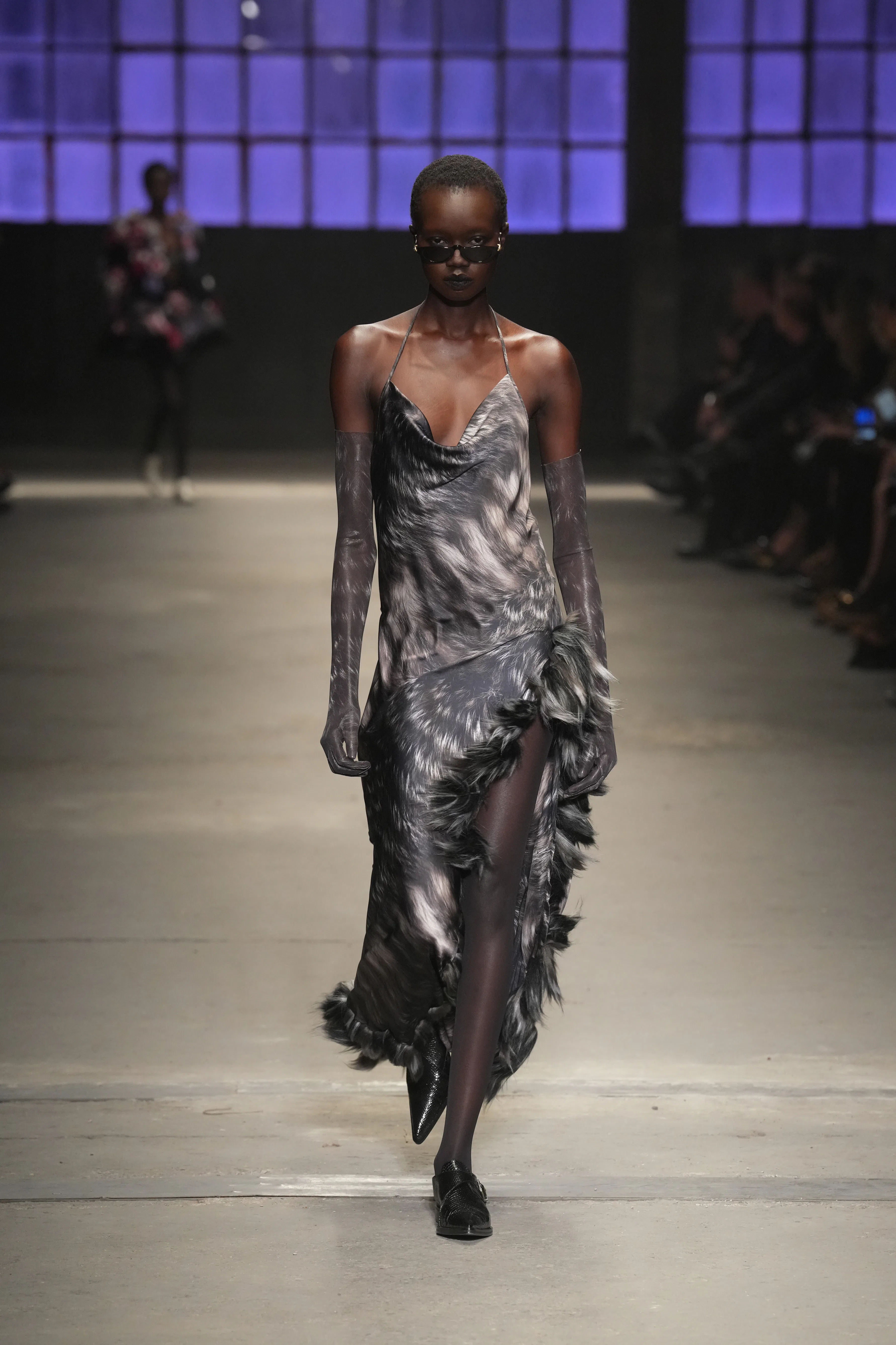 A model walks the runway at the Roberto Cavalli fashion show during the Milan Fashion Week
