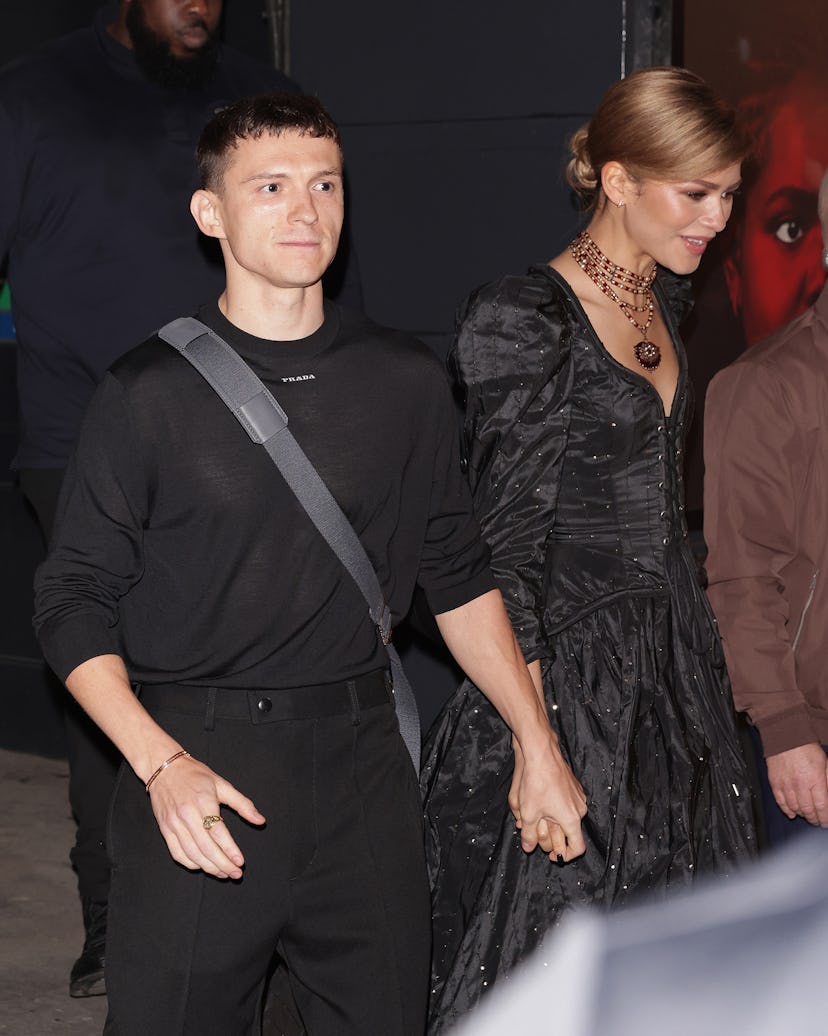 LONDON, ENGLAND - MAY 23: Tom Holland and Zendaya are seen leaving The Duke of York's Theatre after...