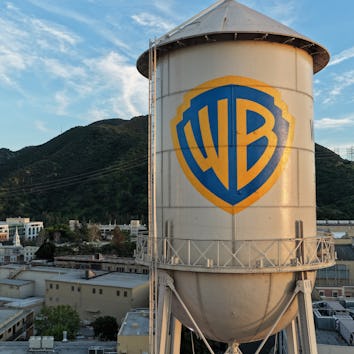 BURBANK, CALIFORNIA - FEBRUARY 27: In an aerial view, the Warner Bros. logo is displayed on the wat...