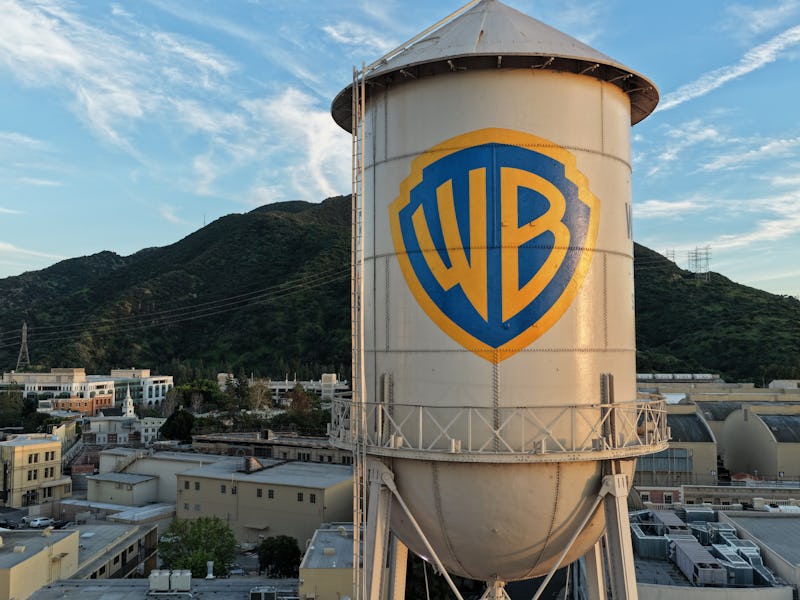 BURBANK, CALIFORNIA - FEBRUARY 27: In an aerial view, the Warner Bros. logo is displayed on the wat...