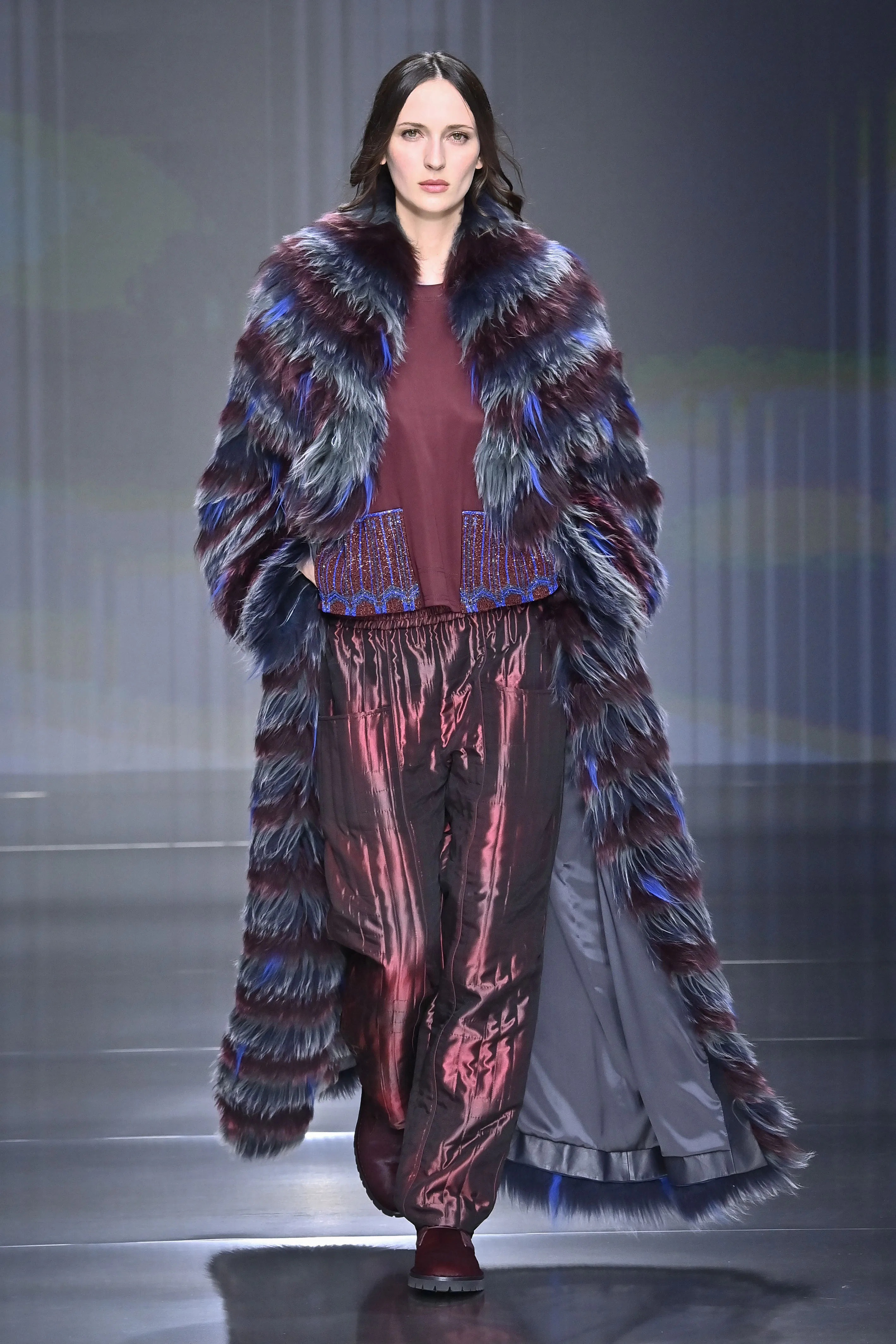 A model walks the runway at the Giorgio Armani Ready to Wear Fall/Winter 2026