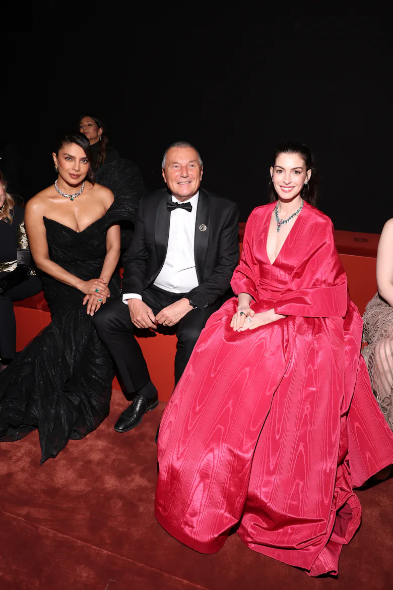 BOLLATE, ITALY - MARCH 23: Priyanka Chopra, Jean-Christophe Babin and Anne Hathaway attend the Bvlga...