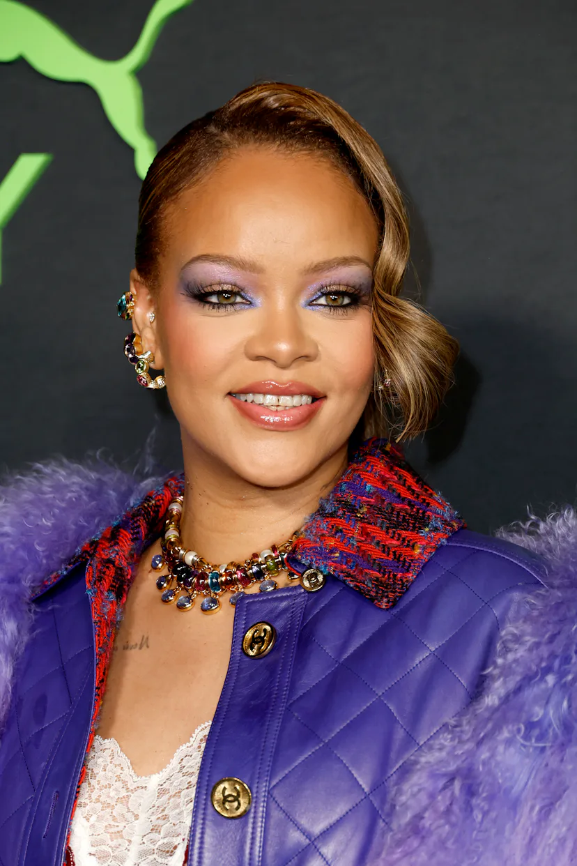 Rihanna at an event with light purple eyeshadow