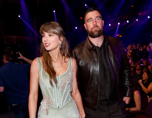 Taylor Swift and Travis Kelce at the 2026 iHeartRadio Music Awards held at Dolby Theatre on March 26...