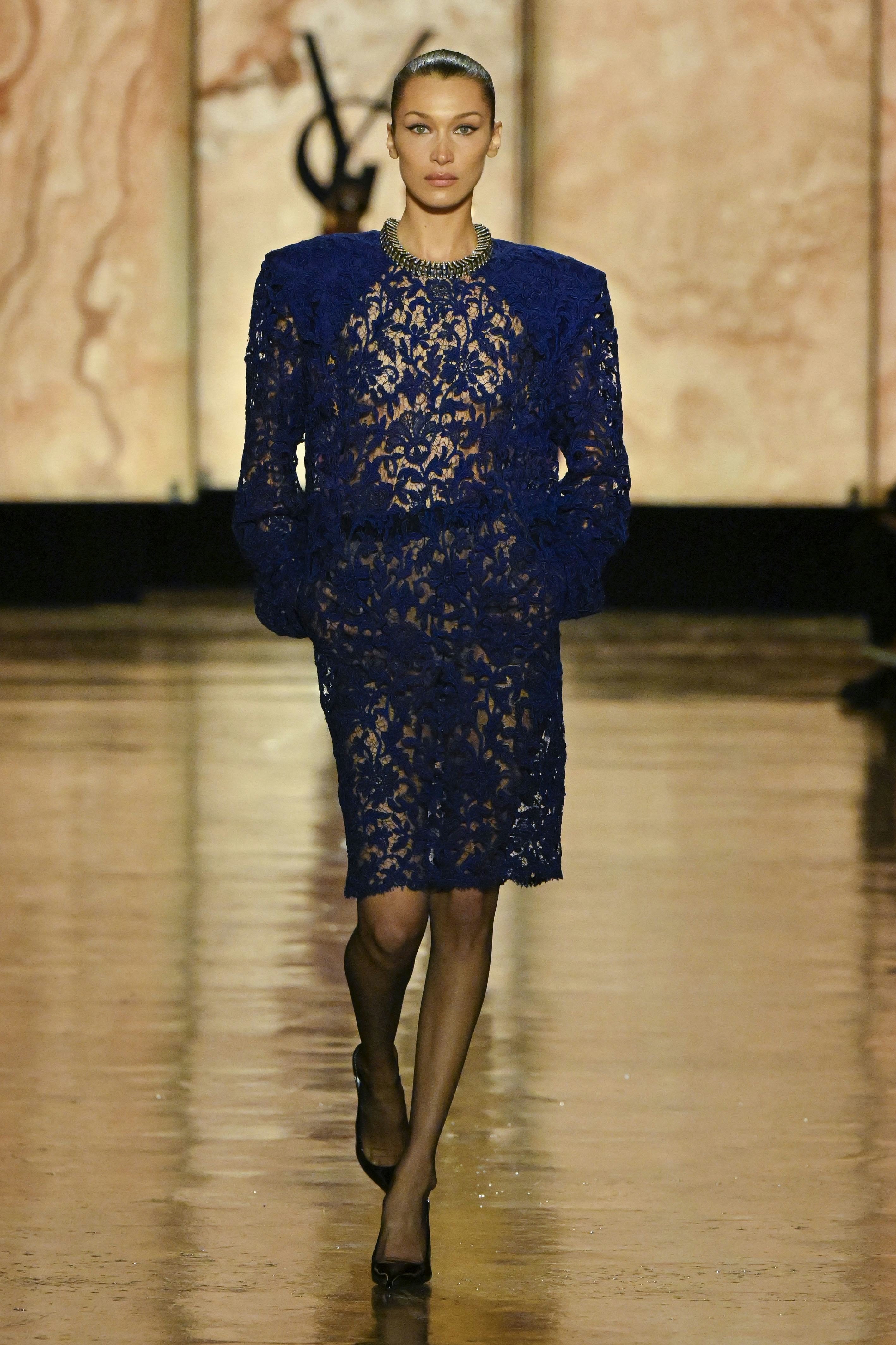 PARIS, FRANCE - MARCH 10: Bella Hadid walks the runway during the Saint Laurent Ready to Wear Fall/W...