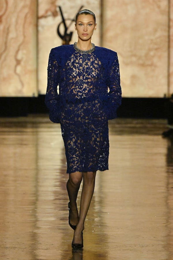 PARIS, FRANCE - MARCH 10: Bella Hadid walks the runway during the Saint Laurent Ready to Wear Fall/W...