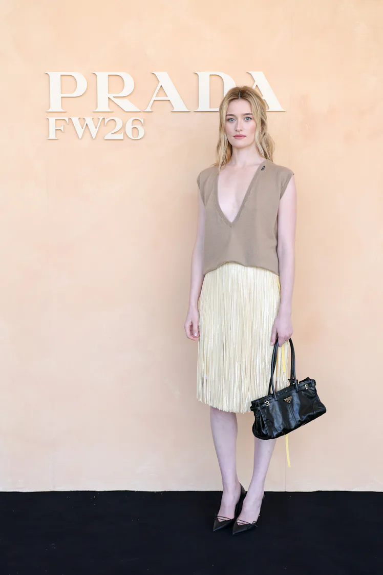 MILAN, ITALY - FEBRUARY 26: Sarah Pidgeon attends the Prada Fall/Winter 2026 Womenswear Fashion Show...