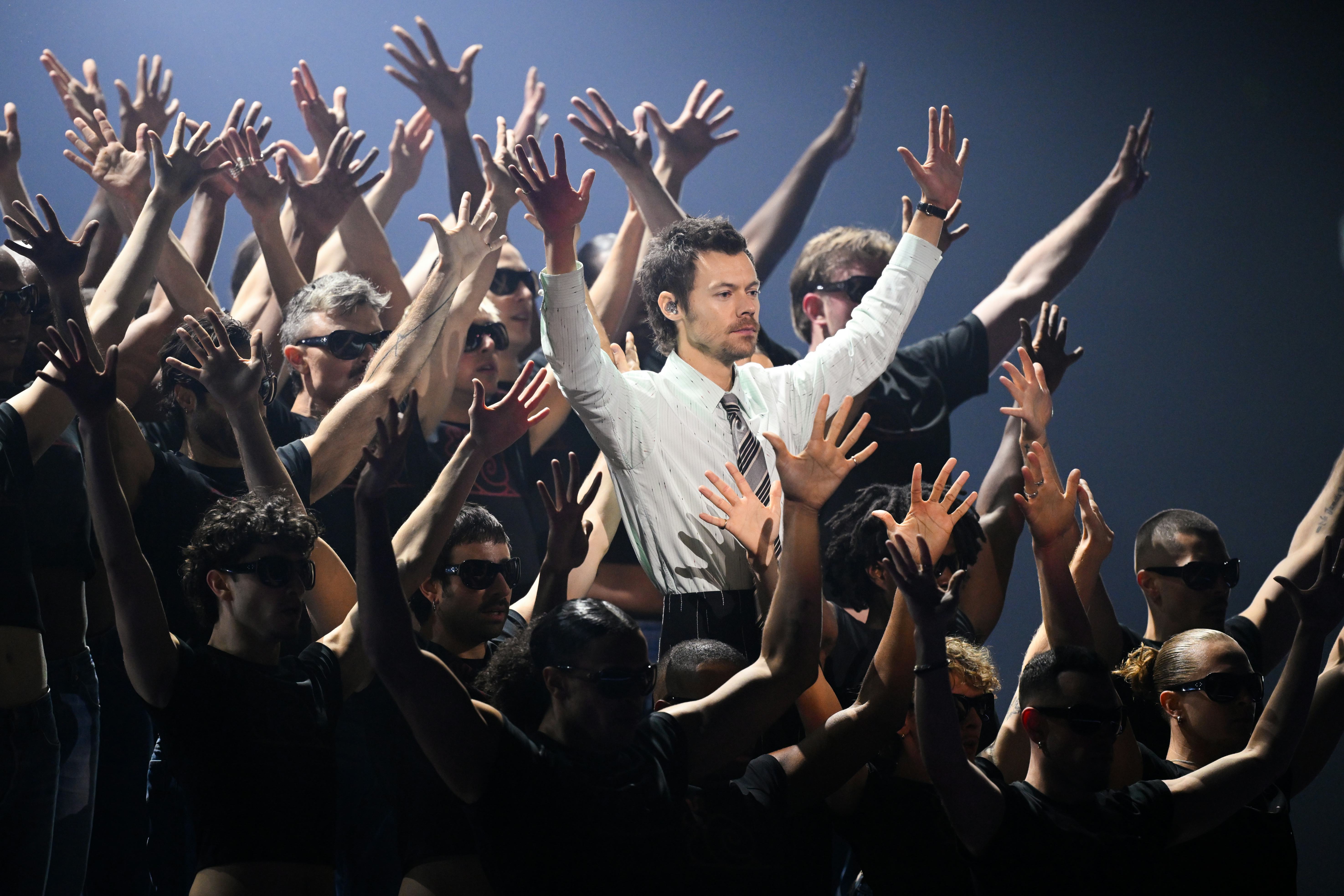 MANCHESTER, ENGLAND - FEBRUARY 28: (EDITORIAL USE ONLY) Harry Styles on stage during The BRIT Awards...