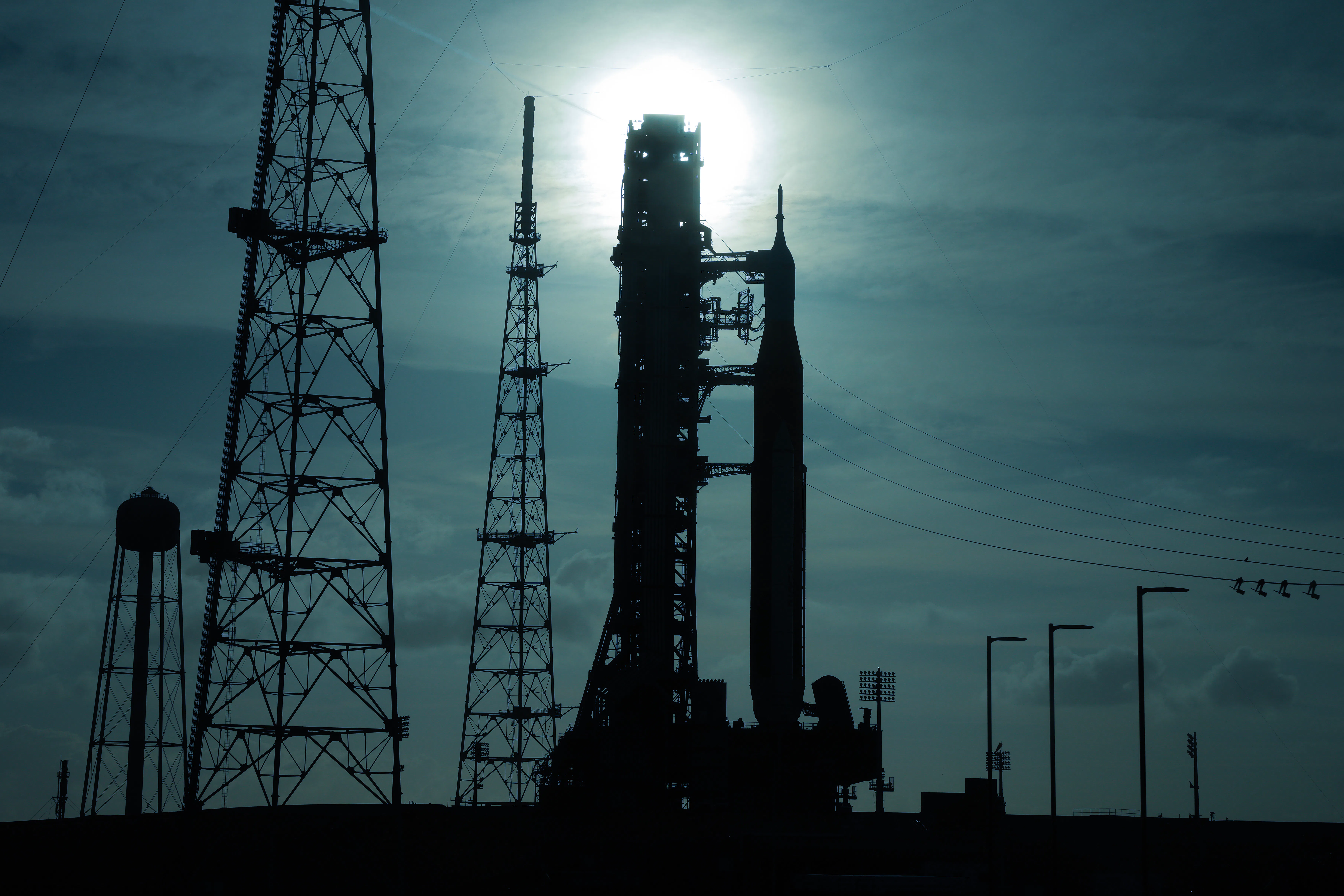 CAPE CANAVERAL, FLORIDA - MARCH 31: NASA's 322-foot-tall Artemis II Space Launch System rocket and O...