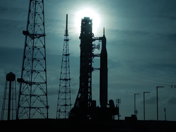 CAPE CANAVERAL, FLORIDA - MARCH 31: NASA's 322-foot-tall Artemis II Space Launch System rocket and O...