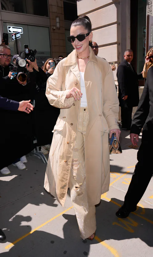 NEW YORK, NY - APRIL 17: Anne Hathaway is seen at the Ralph Lauren Fashion Show on April 17, 2025 in...