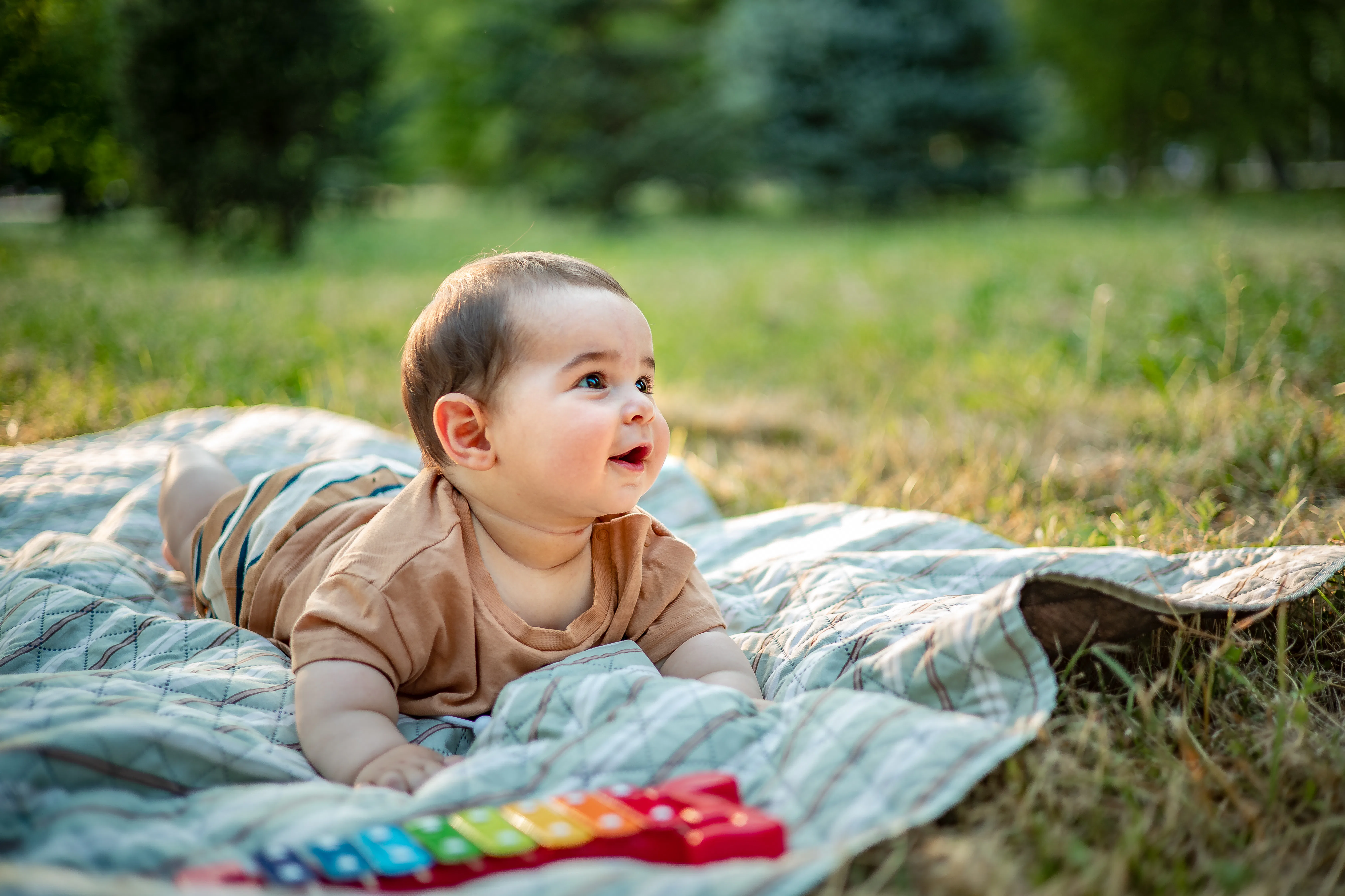 Happy baby boy playing on a picnic blanket in nature, surrounded by lush greenery. Joyful childhood ...