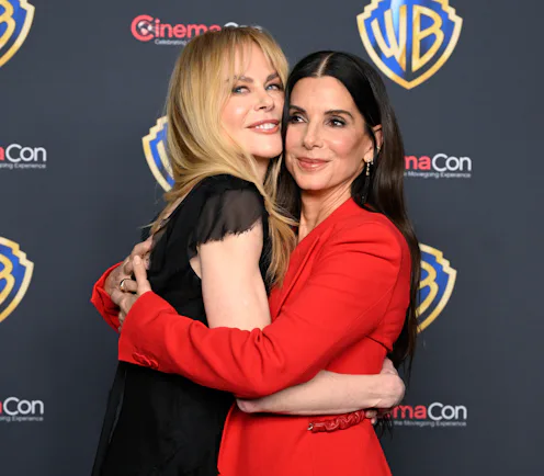 LAS VEGAS, NEVADA - APRIL 14: Nicole Kidman (L) and Sandra Bullock arrive at the CinemaCon 2026 - Wa...