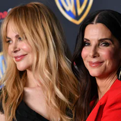 Australian actress/producer Nicole Kidman (L) and US actress/producer Sandra Bullock (R) promote the...