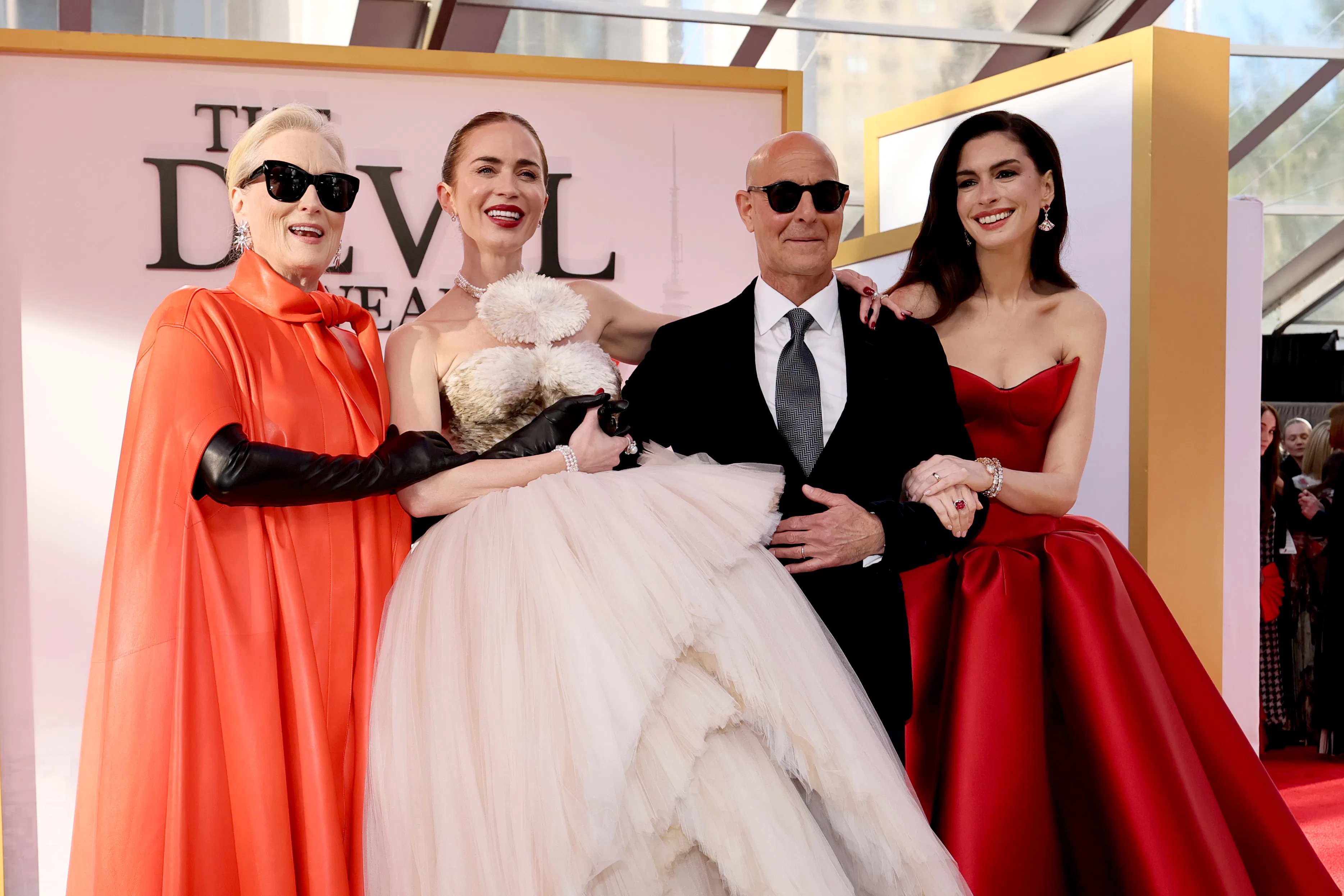 NEW YORK, NEW YORK - APRIL 20: (L-R) Meryl Streep, Emily Blunt, Stanley Tucci, and Anne Hathaway att...