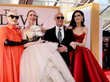 NEW YORK, NEW YORK - APRIL 20: (L-R) Meryl Streep, Emily Blunt, Stanley Tucci, and Anne Hathaway att...