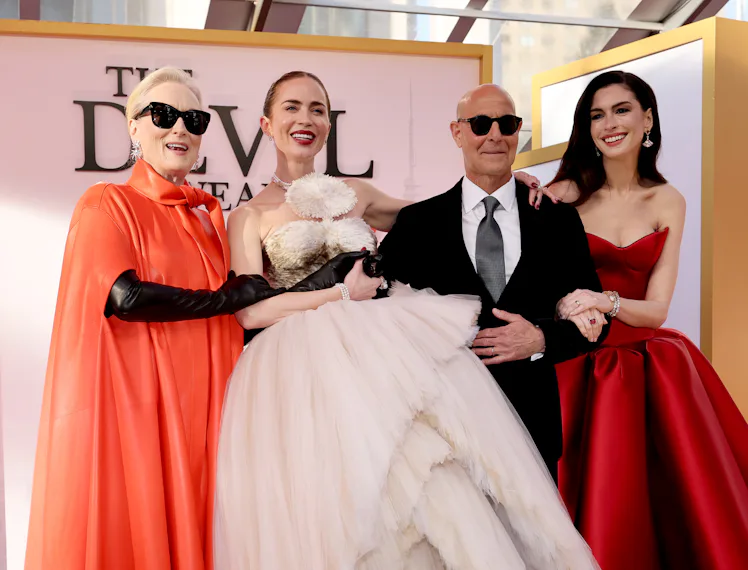 NEW YORK, NEW YORK - APRIL 20: (L-R) Meryl Streep, Emily Blunt, Stanley Tucci, and Anne Hathaway att...
