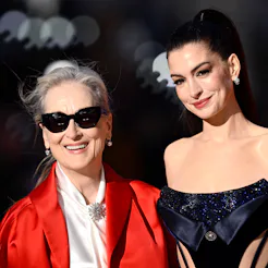 LONDON, ENGLAND - APRIL 22: Meryl Streep and Anne Hathaway attend "The Devil Wears Prada 2" Europea...