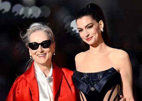 LONDON, ENGLAND - APRIL 22: Meryl Streep and Anne Hathaway attend "The Devil Wears Prada 2" Europea...