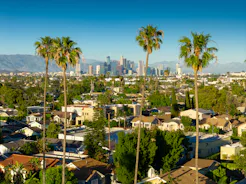 Aerial photograph of the Jefferson Park neighborhood in Los Angeles, California, featuring a diverse...