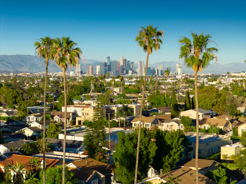 Aerial photograph of the Jefferson Park neighborhood in Los Angeles, California, featuring a diverse...