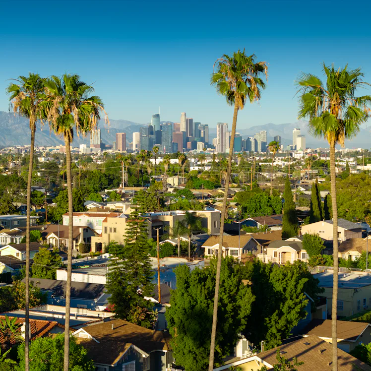 Aerial photograph of the Jefferson Park neighborhood in Los Angeles, California, featuring a diverse...
