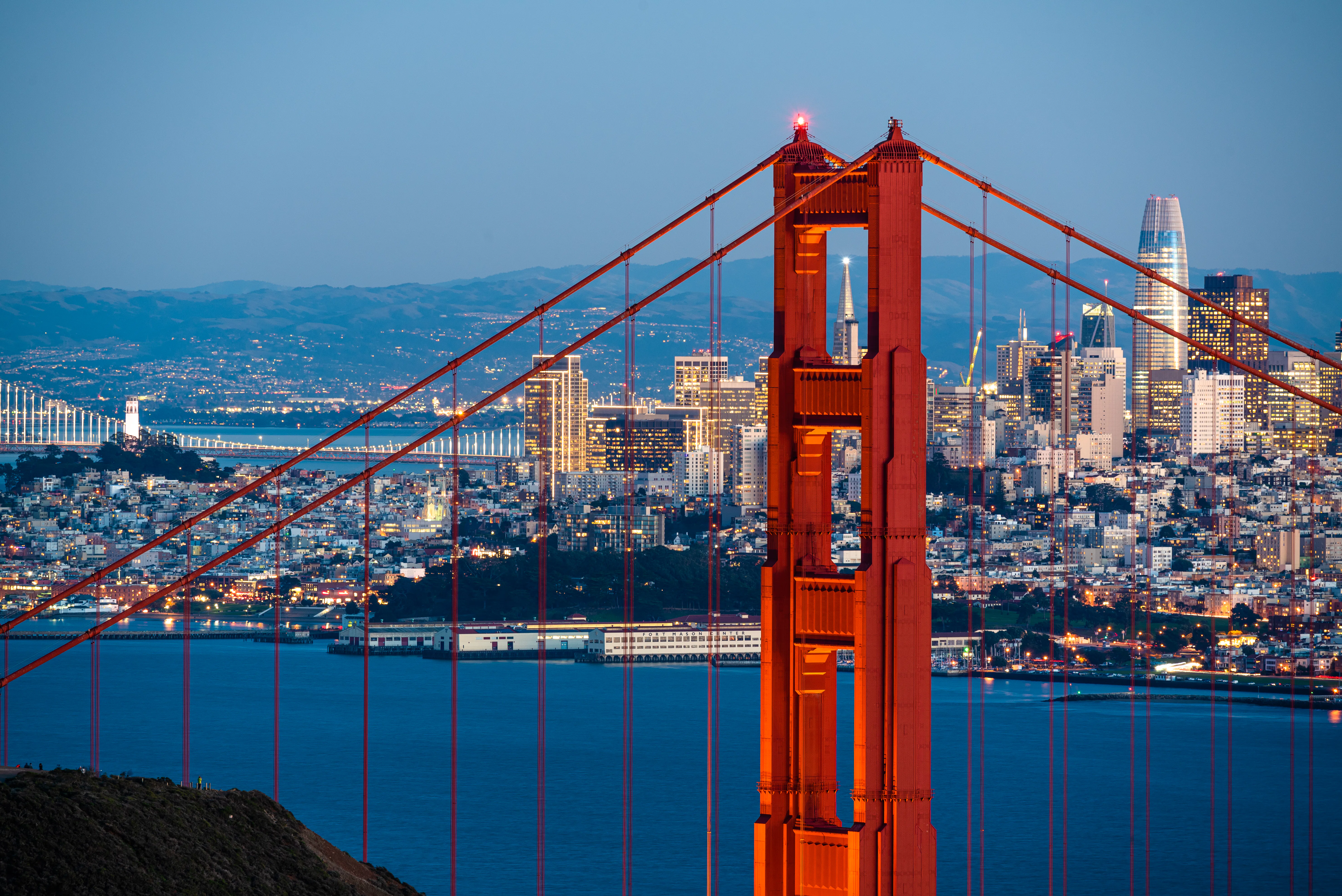 The Golden Gate Bridge and the San Francisco skyline at twilight.