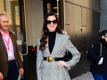 NEW YORK, NEW YORK - APRIL 27: Anne Hathaway is seen outside ABC Studios on April 27, 2026 in New Yo...