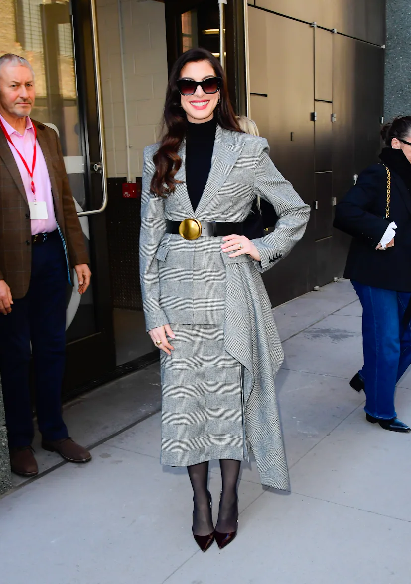 NEW YORK, NEW YORK - APRIL 27: Anne Hathaway is seen outside ABC Studios on April 27, 2026 in New Yo...