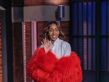 LATE NIGHT WITH SETH MEYERS -- Episode 1793 -- Pictured: Actress Ayo Edebiri arrives on April 28, 20...