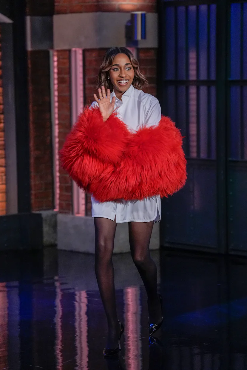 LATE NIGHT WITH SETH MEYERS -- Episode 1793 -- Pictured: Actress Ayo Edebiri arrives on April 28, 20...