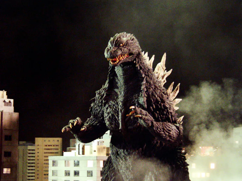 The mutant monster Godzilla ravages a Japanese city in 'Godzilla, King of the Monsters!', directed b...