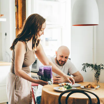 The couple is having breakfast together.