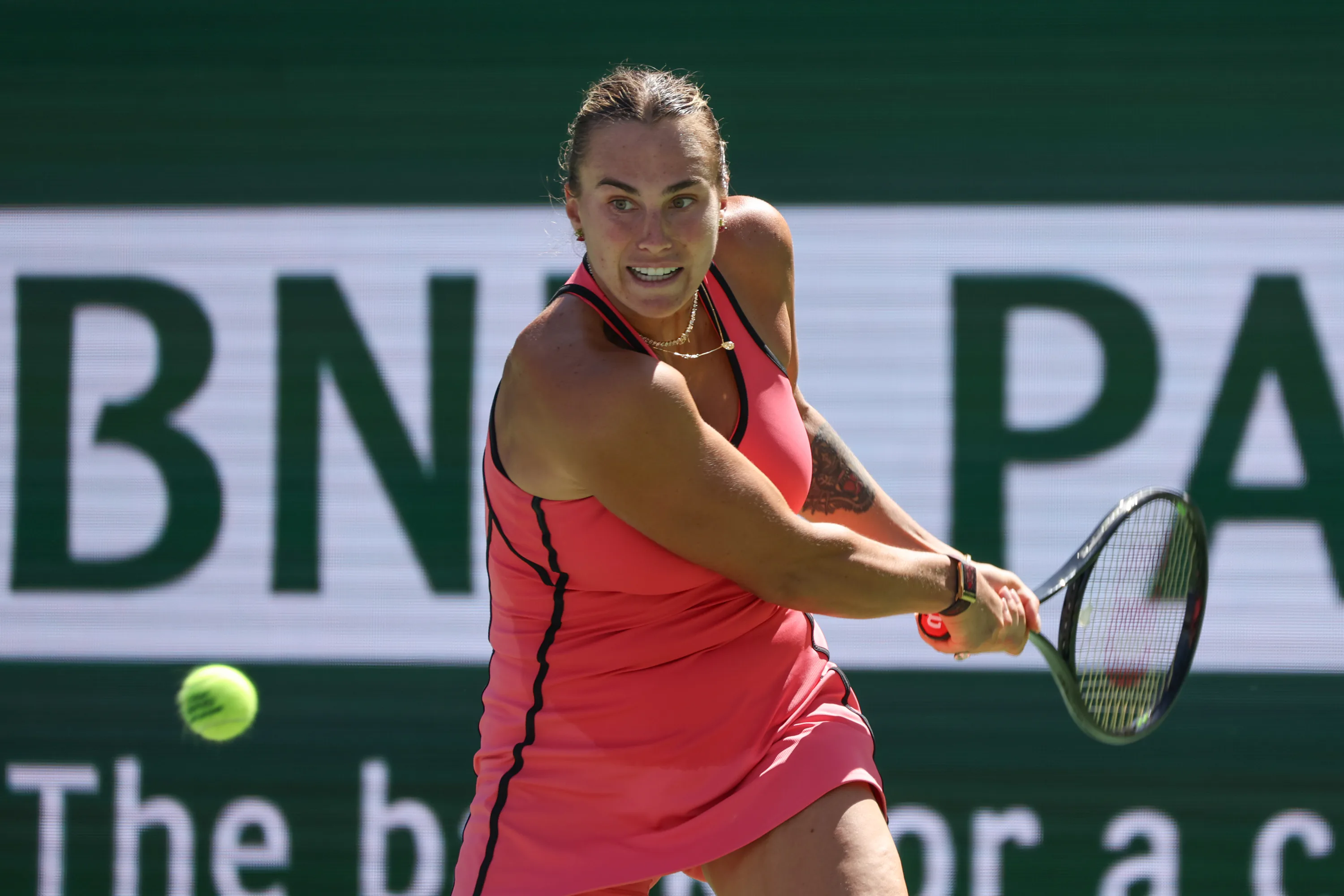 Aryna Sabalenka hits a backhand during the BNP Paribas Open on March 15 at Indian Wells.