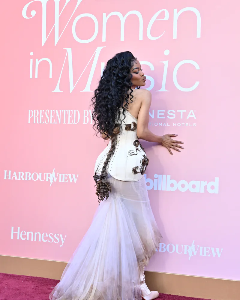 Back view of Teyana Taylor's long hair and hair-tied corset