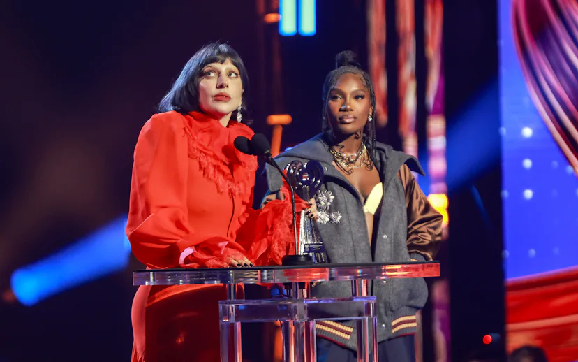 LOS ANGELES, CALIFORNIA - MARCH 17: (FOR EDITORIAL USE ONLY) (L-R) Lady Gaga accepts the Innovator A...