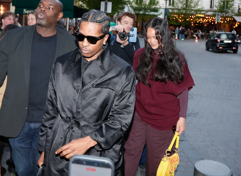 PARIS, FRANCE - APRIL 4: A$AP Rocky and Rihanna are seen arriving at Siena restaurant on April 4, 20...
