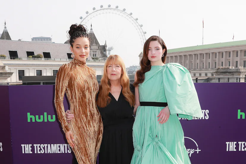 Chase Infiniti (left), Ann Dowd, and Lucy Halliday attend the UK photocall for Hulu's "The Testament...