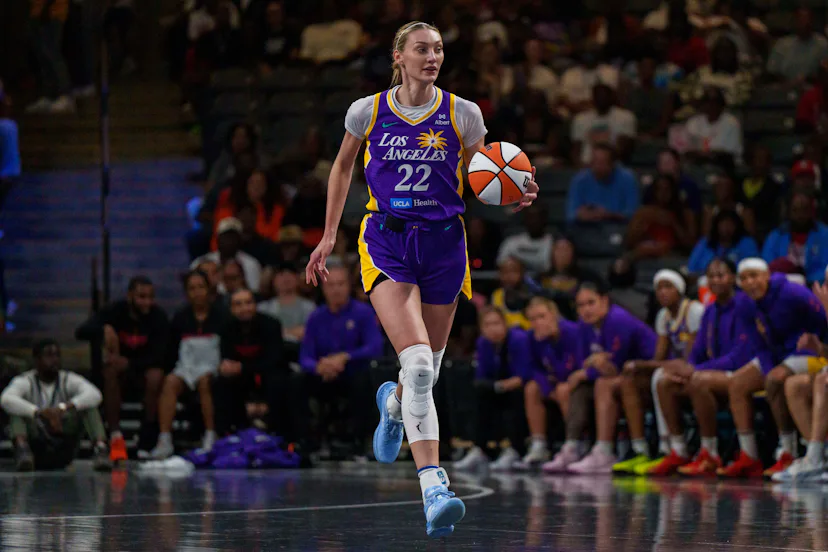 Cameron Brink #22 of the Los Angeles Sparks dribbles the ball upcourt.