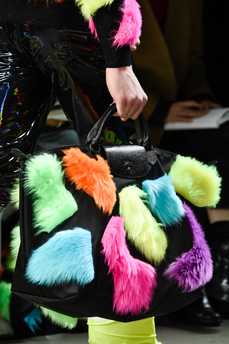 NEW YORK, NY - FEBRUARY 08:  A model, bag detail, walks the runway at Jeremy Scott Show Fall 2018 du...